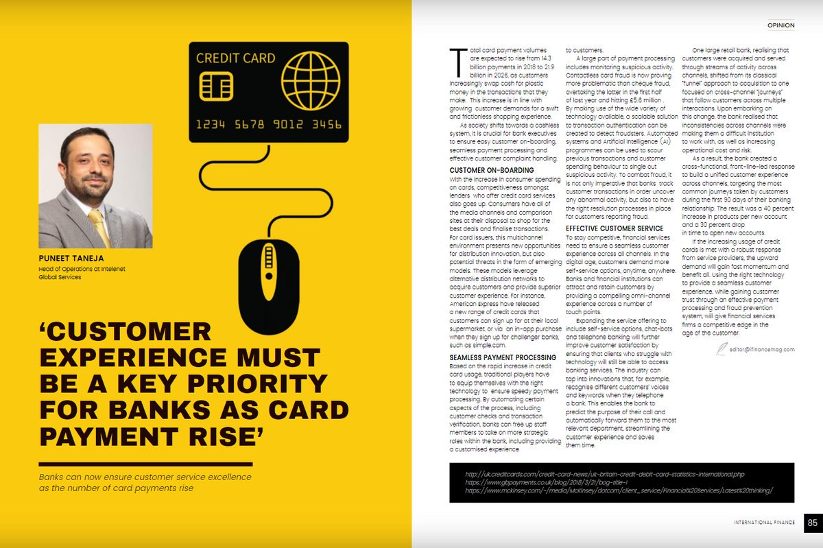 Intelenet_UK's tweet photo. Puneet Taneja, Head of Operations @IntelenetIGS commenting on how #CustomerExperience must be a key priority for #Banks (Page 85) | via @IntlFinanceMag https://t.co/MBmhjWXwbW https://t.co/3DDJUWCV1C