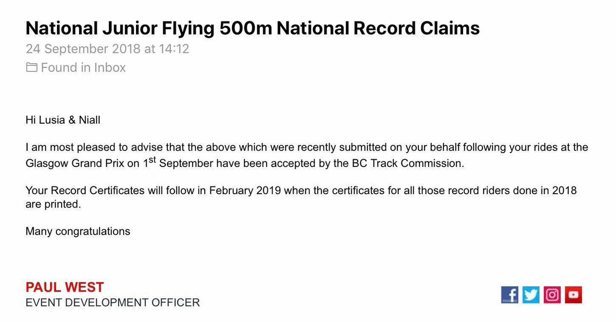 .<a href="/BritishCycling/">British Cycling</a> has ratified the claims of <a href="/lusia_steele/">Lusia Steele.</a> &amp; <a href="/niallmonks/">Niall Monks</a> for their <a href="/CairnVelo/">cairn velo</a> Flying 500m British Record Claims.
Lusia Steele (Glasgow Cycle Team) - 31.547s British Junior Women Record
Niall Monks (Black Line) - 28.515s British Junior Men Record

Congrats to both🍾