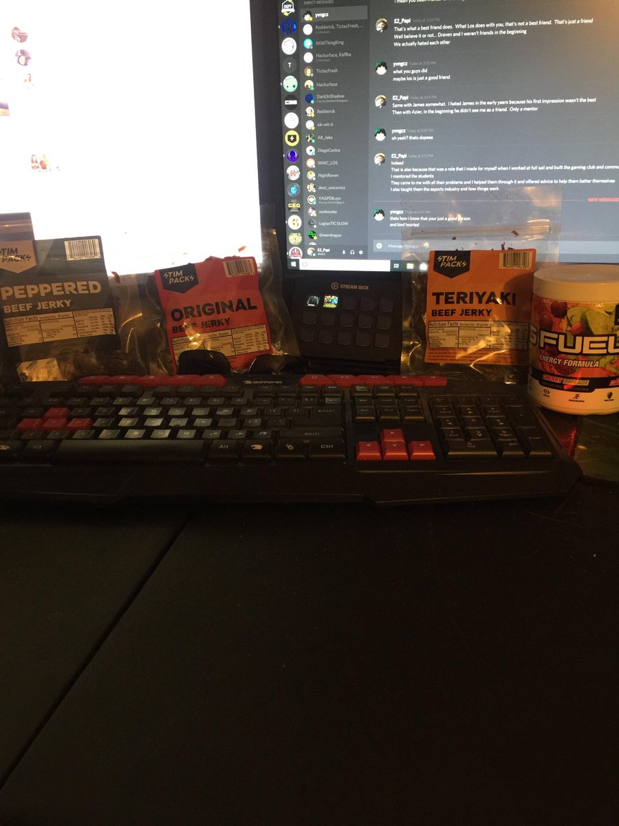 E2_Papi's tweet photo. Such a great day today.  My jerky arrived in the mail!!! You're a happy streamer when you have @EatStimpacks @GFuelEnergy @GFUELeSports and @elgatogaming in your life.  I just need to get more of everything now ha ha.  Now I just need a green screen and Elgato Pro plus more Gfuel https://t.co/GyLeqsCVSP