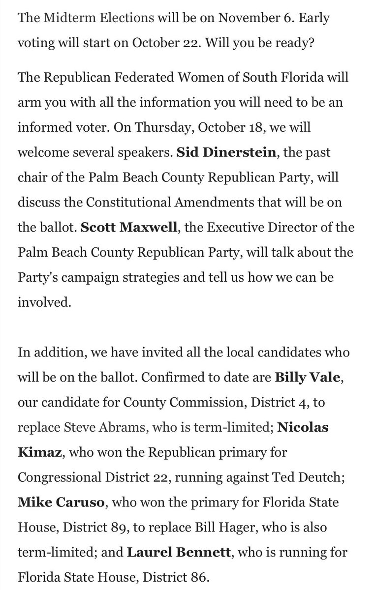 bocapol's tweet photo. .@BocaGOPWomen host @PalmBeachGOP #GOP candidates: #PBC Commission @ElectBillyVale, #FL22 @NicolasKimazFL, #HD89 Mike Caruso, #HD86 Laurel Bennet
•
Thurs., Oct. 18, 2018
6pm
•
@BocaCountryClub
17751 #Boca Club Blvd.
#BocaRaton, #FL
•
#bocapol #pbcpol #flapol https://t.co/5jYu5fy4YK