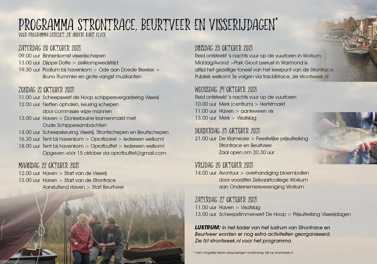 Workum2's tweet photo. #Strontweek: #Liereliet #Strontrace #Beurtveer & #Visserijdagen in #Workum, 19 - 27 oktober 2018, info, programma & deelname: https://t.co/nEFvuboAqj #Warmond cultuur #zingen #IJsselmeer #zeilen #jagen #bomen #maritiem #LF2018 #ambacht #Zuiderzee #Amsterdam #Aalsmeer #Elfsteden https://t.co/STphNVHGkV