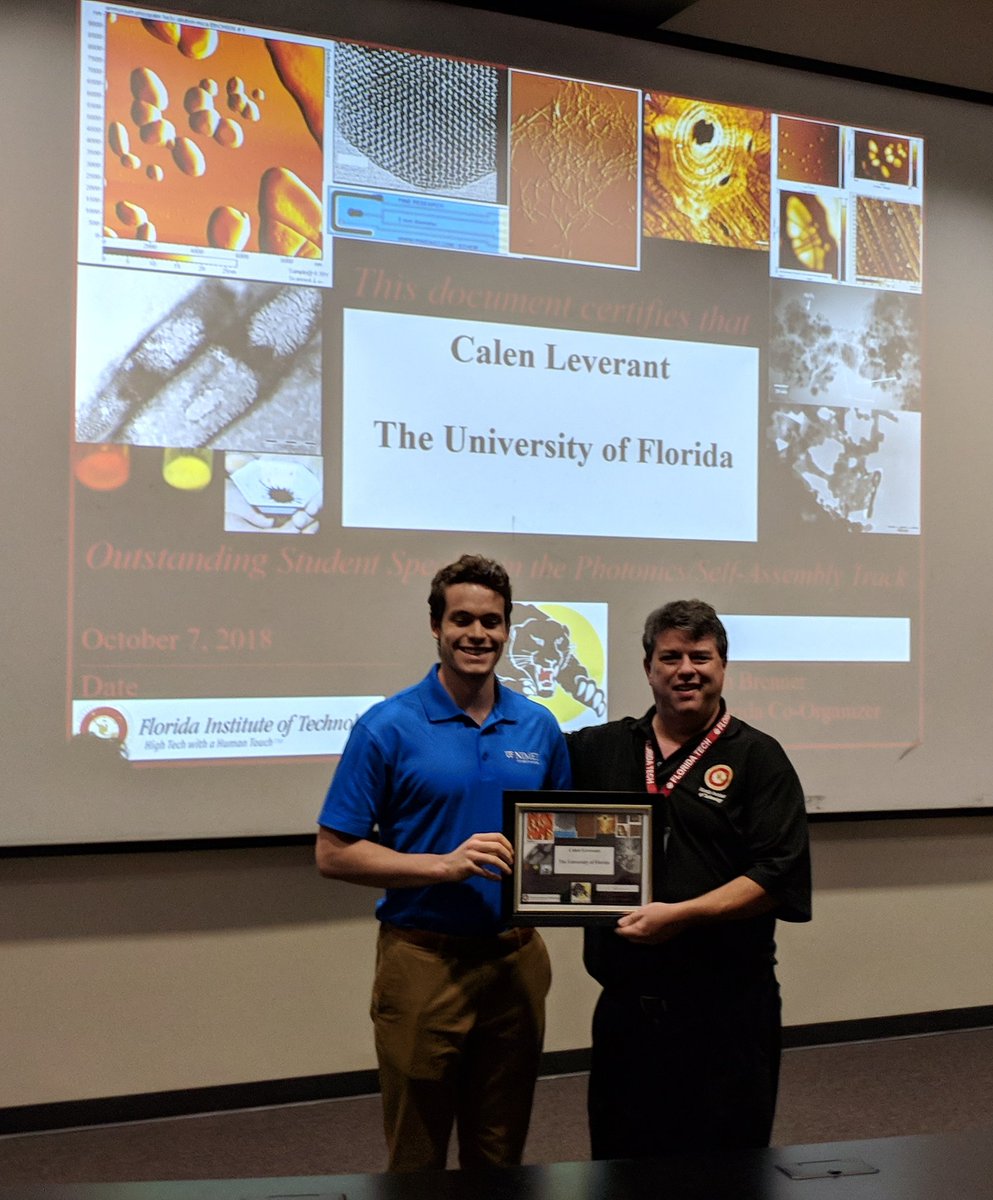 Congratulations Caleb Leverant, a graduate student in Prof. Peng Jiang's lab <a href="/UFLChE/">UF Chemical Engineering</a> <a href="/UFWertheim/">UF Engineering</a> <a href="/uflorida/">Univ of Florida</a>, for winning a best presentation award at NanoFlorida 2018 hosted by <a href="/FloridaTech/">Florida Tech</a> and supported by <a href="/UFNIMET/">NIMET</a>.