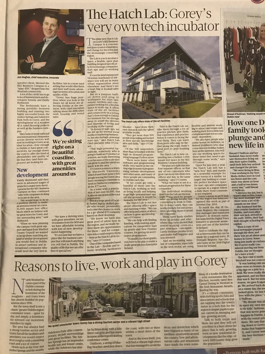 ida_BrendanMcD's tweet photo. Great feature in today’s @sundaybusiness on #Gorey #Wexford - the @M11CampusGorey is one of the most modern buildings in the country: Grade A Office space - perfect for a #SecondSite location with access to many #Talented commuters who leave daily for Dublin https://t.co/FZSDo9CIJQ