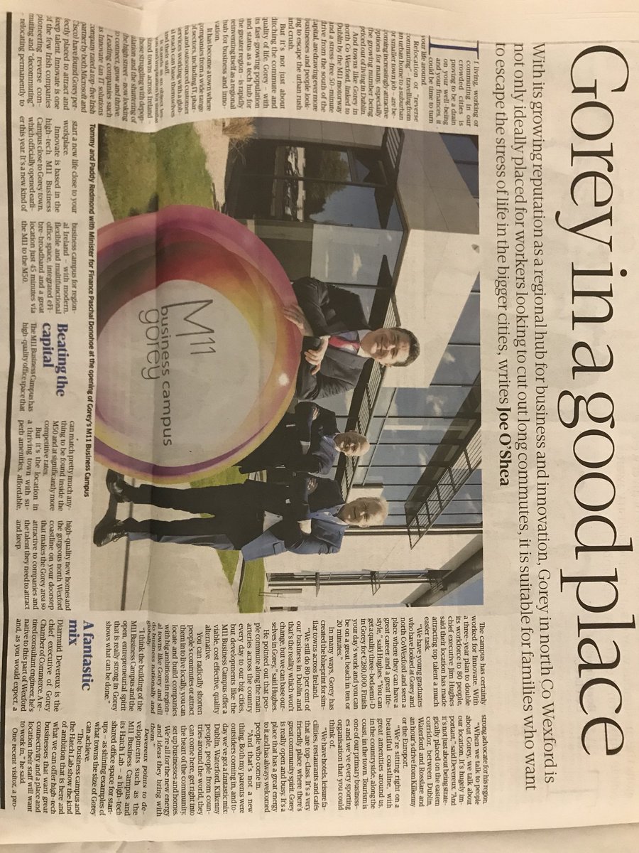 ida_BrendanMcD's tweet photo. Great feature in today’s @sundaybusiness on #Gorey #Wexford - the @M11CampusGorey is one of the most modern buildings in the country: Grade A Office space - perfect for a #SecondSite location with access to many #Talented commuters who leave daily for Dublin https://t.co/FZSDo9CIJQ