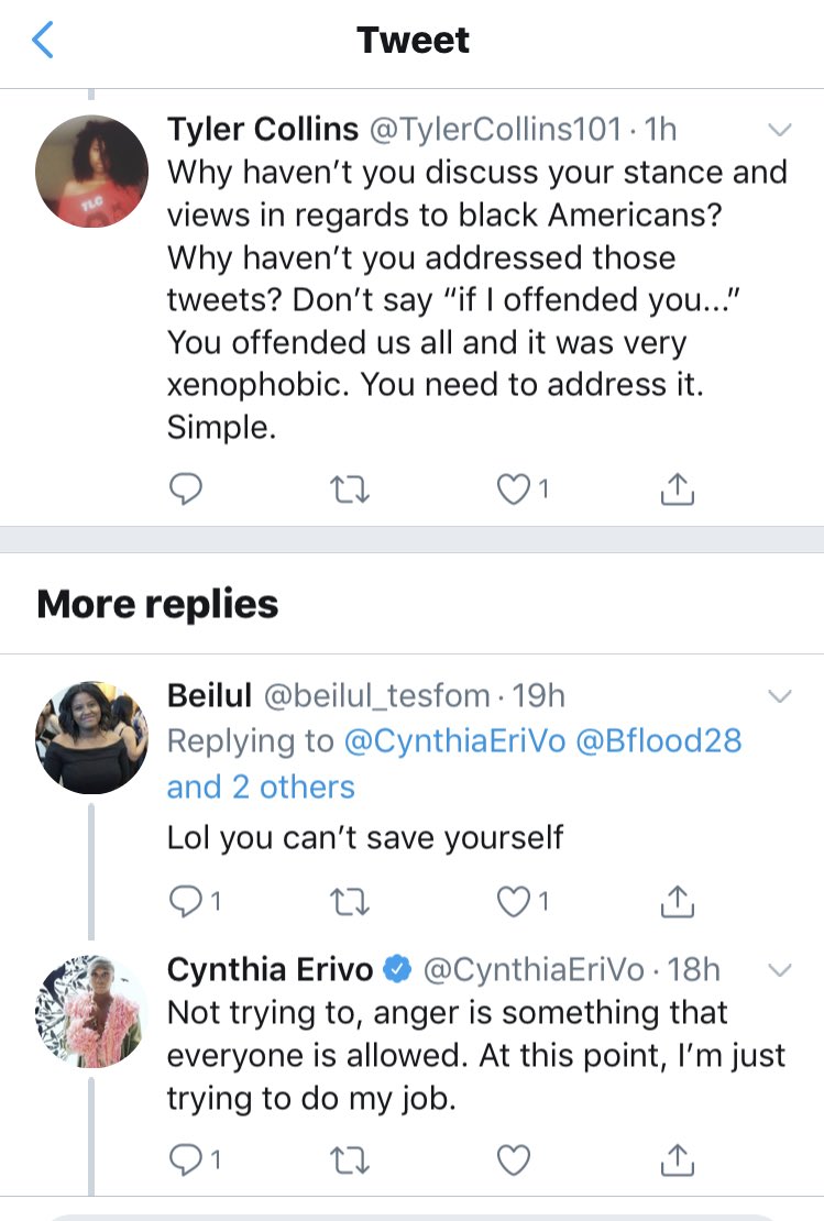 Cynthia has been aware of the concern about her disrespect towards African-Americans for weeks now. Instead of addressing directly (explaining or apologizing), she continues to engage those critiquing the movie's casting… by clarifying the finer points of movie publicity.