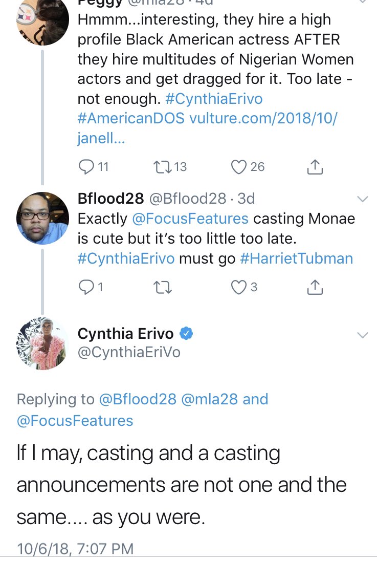 Cynthia has been aware of the concern about her disrespect towards African-Americans for weeks now. Instead of addressing directly (explaining or apologizing), she continues to engage those critiquing the movie's casting… by clarifying the finer points of movie publicity.
