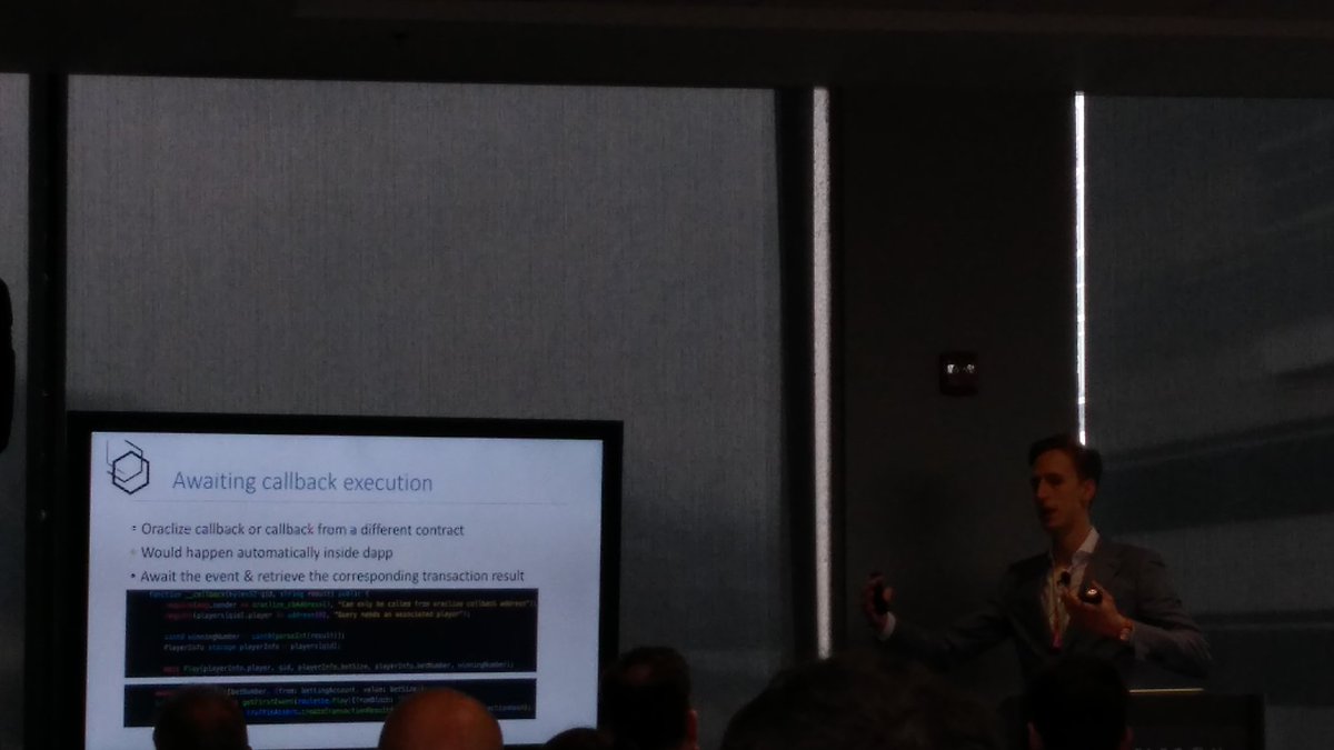provablethings's tweet photo. .@RoscoKalis explaining at #TruffleCon how to use events within #Oraclize callback functions to design effective unit testing https://t.co/DYrRHIKwH4