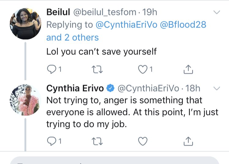 Amidst her pedantry ("as you were"), she manages to again frame those concerned with Harriet& #39;s legacy as aggressors against Cynthia -unfairly pre-judging Cynthia with "anger," while she& #39;s "just doing her job."An hr later, she posts about "understanding" & rising above the fray