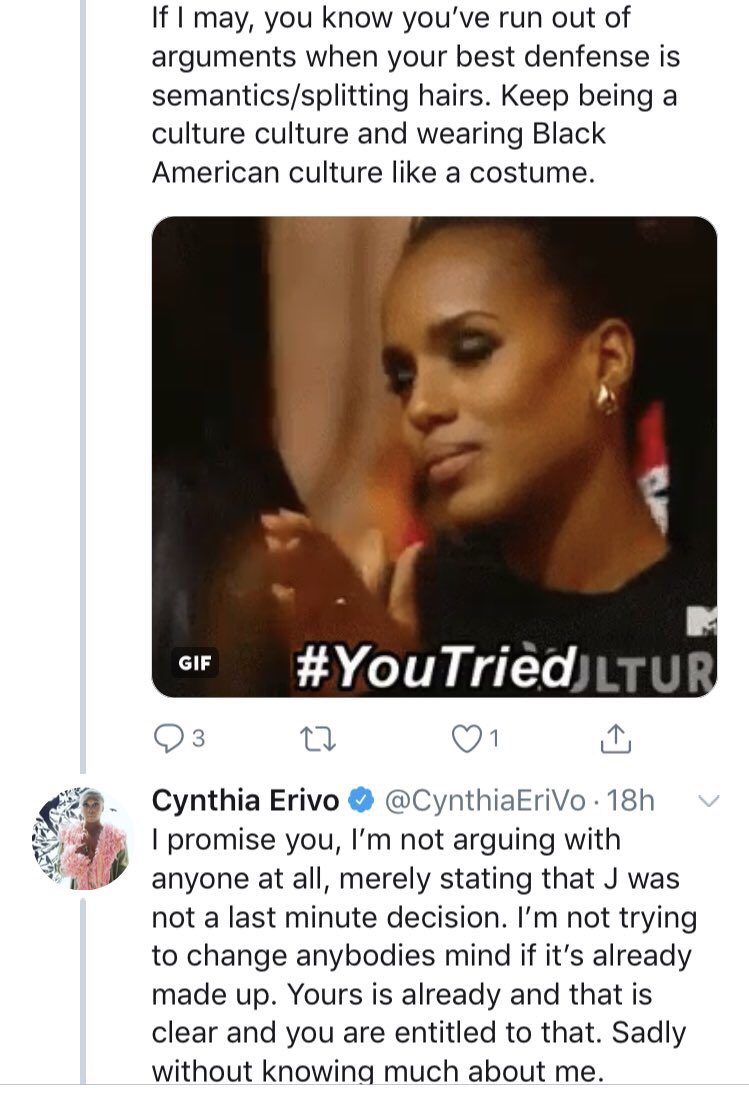 Amidst her pedantry ("as you were"), she manages to again frame those concerned with Harriet's legacy as aggressors against Cynthia -unfairly pre-judging Cynthia with "anger," while she's "just doing her job."An hr later, she posts about "understanding" & rising above the fray