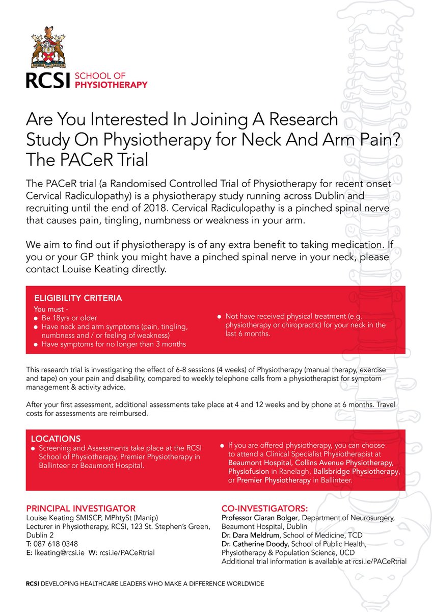 PACeR_Trial's tweet photo. 39 people now recruited to our trial of physiotherapy for recent onset cervical radiculopathy. Recruiting until end of December @LKeating_RCSI @PACeR_Trial https://t.co/6ntzCO8ohq