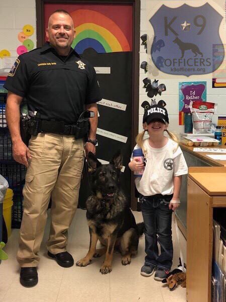K9officersinc's tweet photo. K9 Juma stopped by the school to say hi to the children on career day. Visiting the kids at school is one of her favorite parts of being a K9. #K9officers #K9Juma #BlueBuddy https://t.co/5Pmr8kxfTh