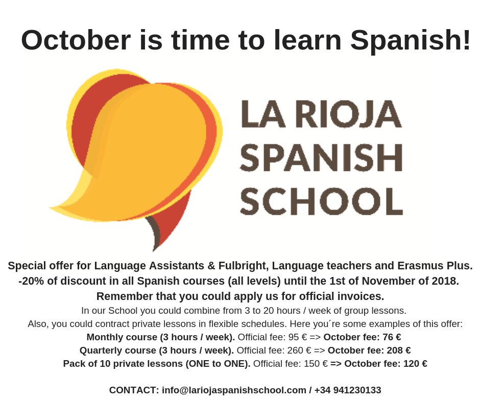 lariojaspanish's tweet photo. October is time to #LearnSpanish! We want to share with you a special #offer to #OfficialLanguageAssistants &amp; #Fulbright, #LanguageTeachers and #ErasmusPlus students to celebrate your arrival until the 1st of November. 
Contact us sending an email to info@lariojaspanishschool.com https://t.co/cqsI0MkcnU