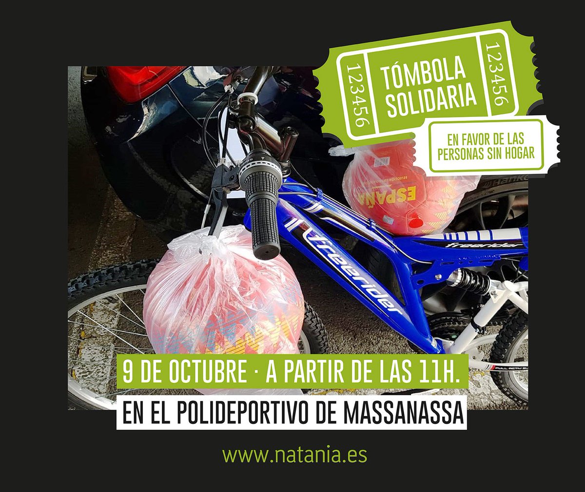asocnatania's tweet photo. ¡Calentando motores! Ven a la 💚Tómbola Solidaria💚 y llévate premios como esta bici o estos balones. ¡No te lo pierdas!

📅 9 de Octubre
📍 En el Polideportivo de Massanassa
🕚 A partir de las 11h.

#ProyectoRehoboth #Solidaridad #SinHogar #Sinhogarismo #Massanassa #9Octubre https://t.co/BfrT3FB67j