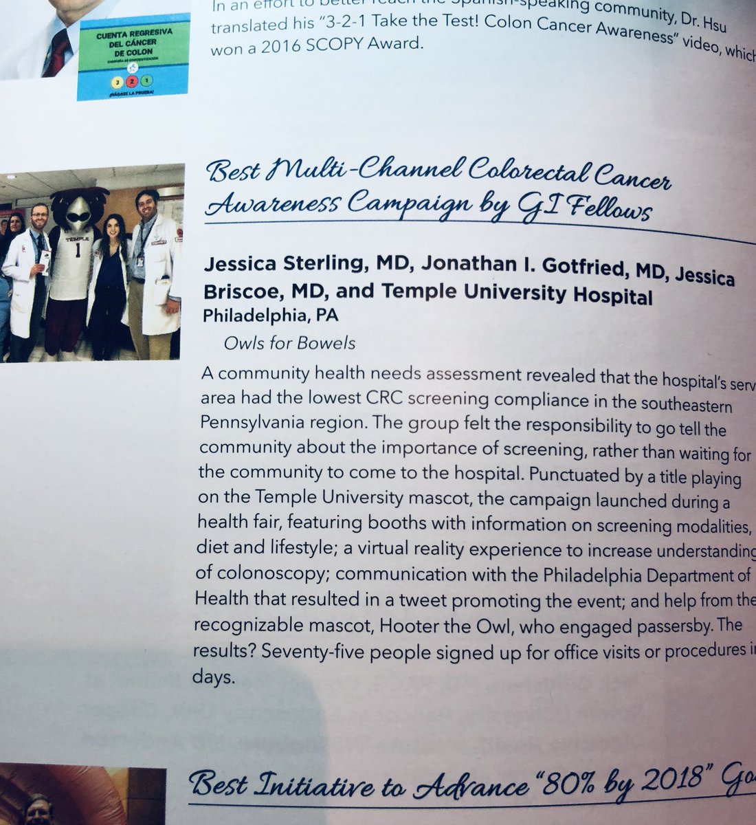 Jbriscoe_md's tweet photo. @TempleGastro Fellows #owlsforbowels campaign for CRC Awareness 💪🏽 the work has just begun! Thank you #scopyawards !!#ACG2018 https://t.co/idkS4paVjb