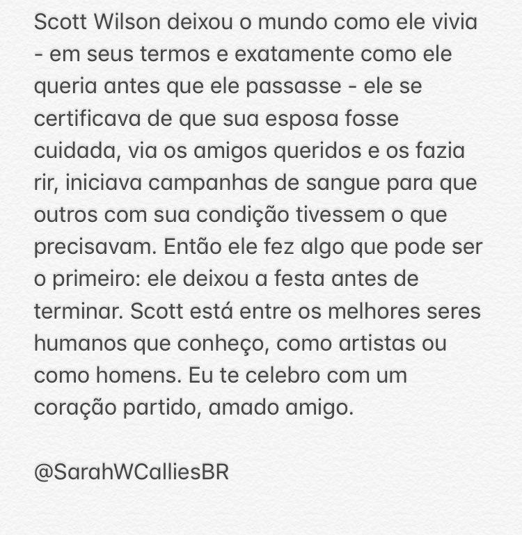 Sarah Wayne Callies se manifestou em suas redes sociais sobre a morte do grande amigo Scott Wilson 🌹