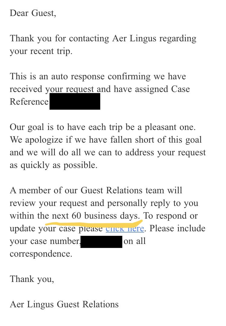 MathiaSFDC's tweet photo. @AerLingus I just sent a claim to your customer service: 60 business days to get back to me?? No other airlines offers such a poor customer service in the 21st century! https://t.co/qZxdHxhNYz