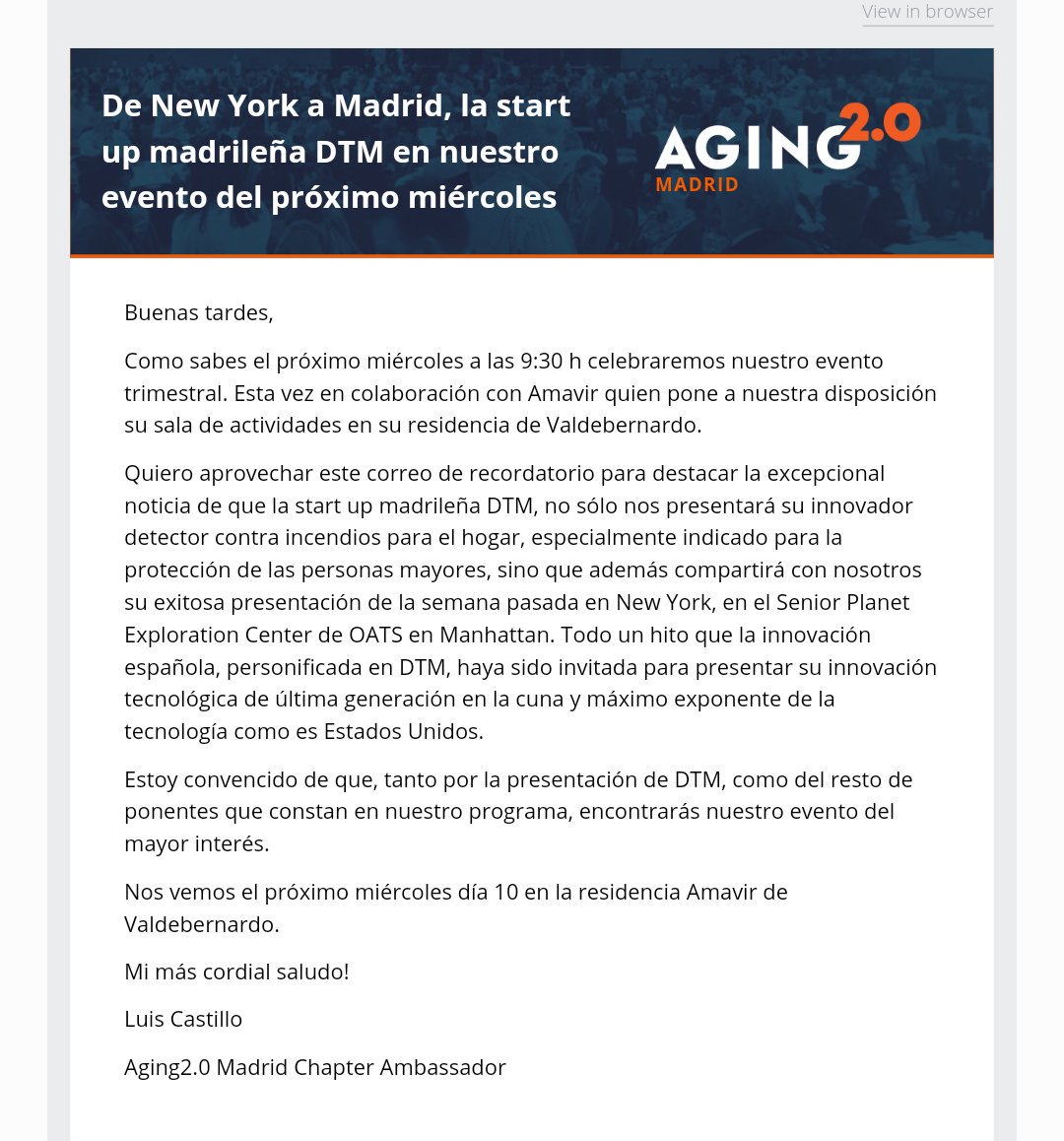 burgo_olga's tweet image. &quot;#Soluciones innovadoras para el bienestar y protección de las #personasmayores&quot;: Próximo #evento @aging2madrid 10 de oct. Recién llegados d su exitosa presentación en N. York, contaremos con la innovadora propuesta d la #Startup española DTM.
¡Aún estás a tiempo de inscribirte!