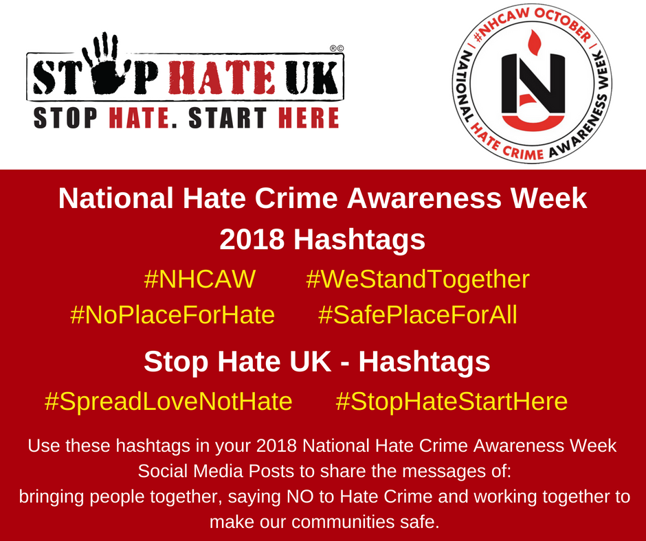 Hate Crime Awareness Week 2018 ~ 13th – 20th October 2018 #WeStandTogether #NationalHCAW #NoPlaceForHate #SafePlaceForAll <a href="/eystwales/">EYST- Ethnic Minorities & Youth Support Team Wales</a> <a href="/NationalHCAW/">Anti-hate charity 17-24-30 NationalHCAW (1184819)</a> <a href="/HNHWales/">HOPE not hate Wales</a> <a href="/BMESkillsWales/">BME Skills Project</a> <a href="/bmesportswansea/">BME Sport Swansea</a> <a href="/Hayatwomentrust/">Hayaat Women Trust</a> <a href="/WelshSomAwards/">WelshSomaliAwards</a> @SWPTaff @SwpMerthyr <a href="/swpolice/">South Wales Police</a>