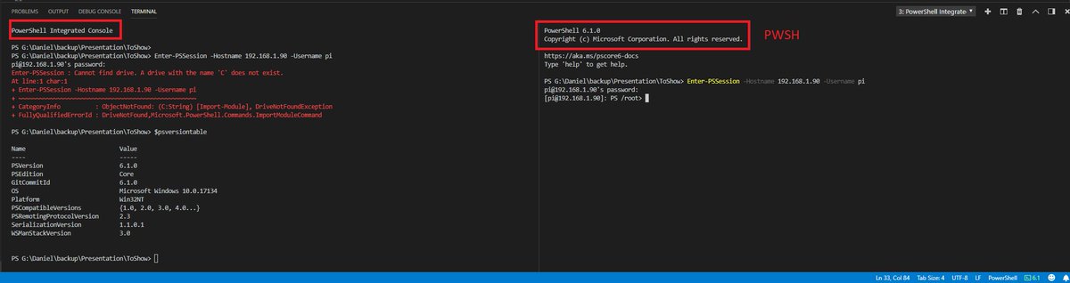 DanielSilv9's tweet image. I was trying to access to my RPI via PowerShell (Open SSH) and I am able to do that if I run via pwsh. If I run through PowerSell Integrated Console it throws an error saying "Cannot find drive. A drive with the name 'C' does not exist" Ideas? #PowerShellHelp