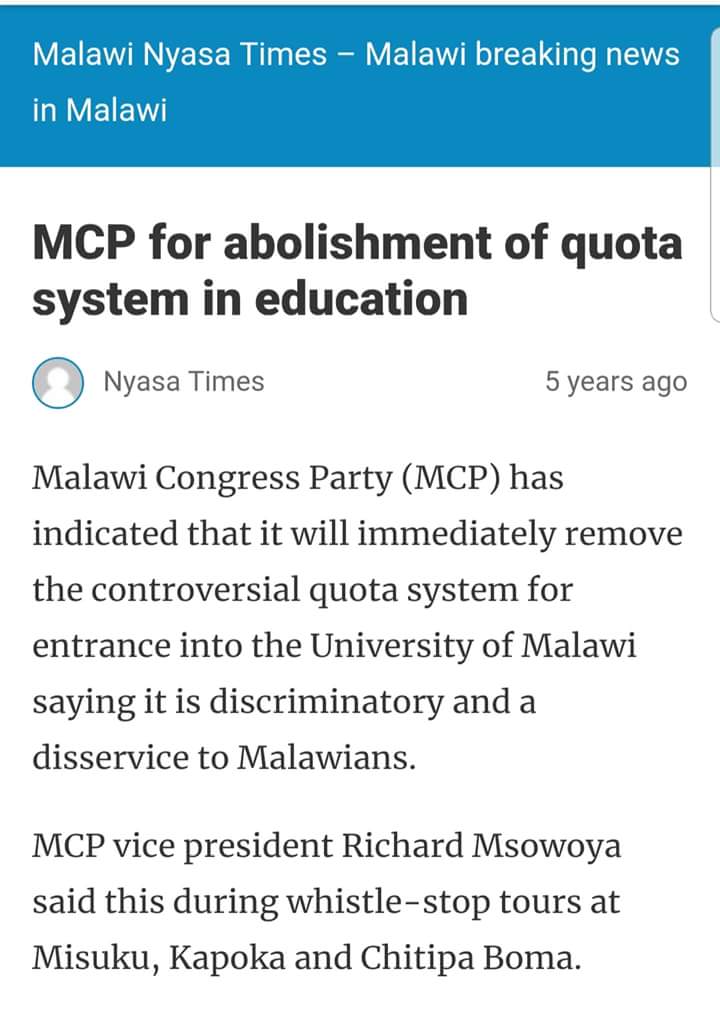 LAZARUSCHAKWERA's tweet image. 5yrs ago we told the people of the North that once we get in power we shall abolish quota system. Today our stand still remain the same. #MCP2019