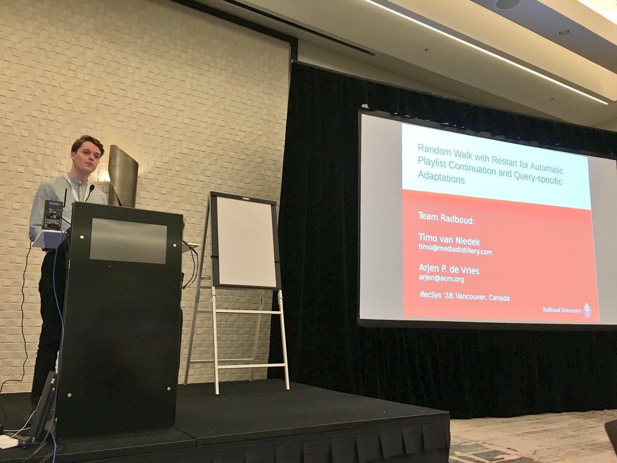 arjenpdevries's tweet photo. MSc student Timo van Niedek presenting his thesis work in Vancouver: proud advisor! MT @SpotifyResearch Shots of #RecSysChallenge2018 Workshop. Papers available @ https://t.co/8PCWCiAUua #RecSys2018 https://t.co/GWvBudzyek