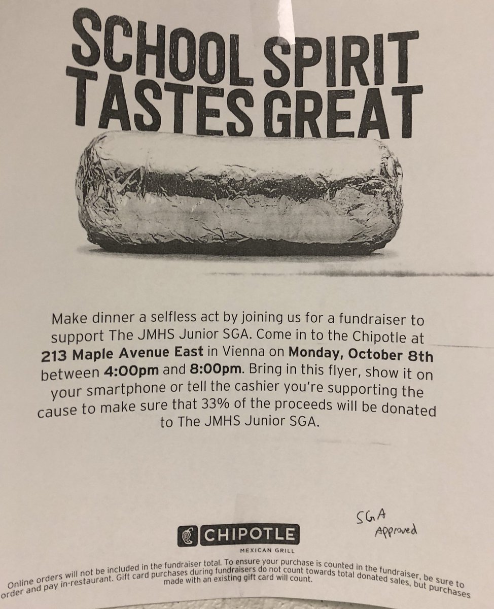 ‼️JUNIORS &amp; SENIORS ‼️
Want to have a great Prom this year? Go to the Vienna Chipotle and mention the JMHS SGA! 💃🏼💃🏼💃🏼💃🏼💃🏼
