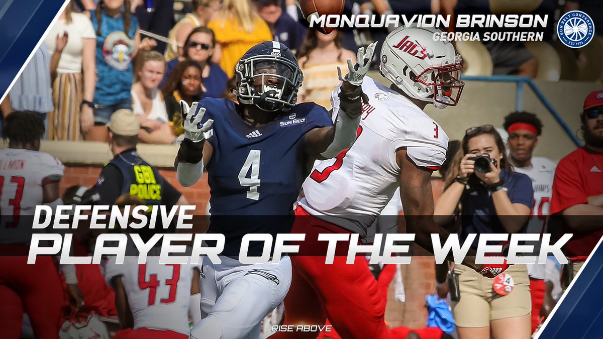 Monquavion Brinson led <a href="/GSAthletics_FB/">Georgia Southern Football</a> in the win over South Alabama with seven tackles (six solo) to go along with a pass breakup and an interception, earning him #SunBeltFB Defensive Player of the Week. 

#HailSouthern | #RiseAbove