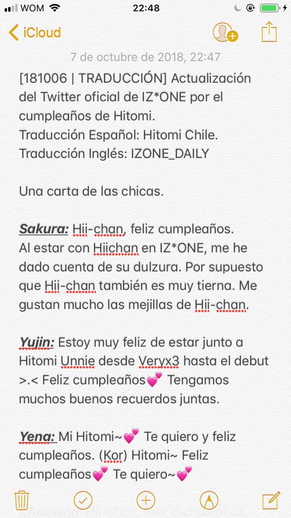 HITOMICHILE's tweet photo. [TRADUCCIÓN | 181006] Cartas de las chicas de IZ*ONE hacia Hitomi por su cumpleaños. 
Traducción inglés: IZONE_DAILY
Traducción Español: Hitomi Chile. https://t.co/dI75NLWhJB