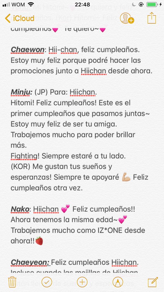 HITOMICHILE's tweet photo. [TRADUCCIÓN | 181006] Cartas de las chicas de IZ*ONE hacia Hitomi por su cumpleaños. 
Traducción inglés: IZONE_DAILY
Traducción Español: Hitomi Chile. https://t.co/dI75NLWhJB
