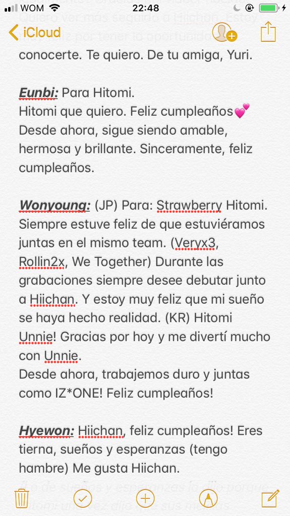 HITOMICHILE's tweet photo. [TRADUCCIÓN | 181006] Cartas de las chicas de IZ*ONE hacia Hitomi por su cumpleaños. 
Traducción inglés: IZONE_DAILY
Traducción Español: Hitomi Chile. https://t.co/dI75NLWhJB