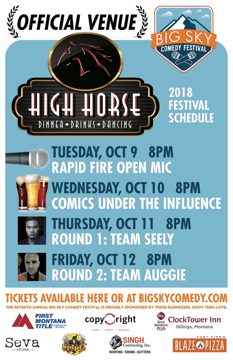 AuggieSmith's tweet photo. Hey Billings! @bigskycomedy starts next week! Tuesday night is The Clean Comedy Show and Rapid Fire Open Mic https://t.co/JlWXwI3PZE