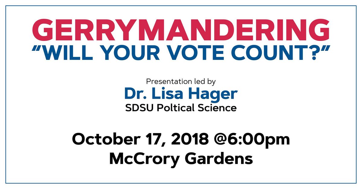 JackrabbitDems's tweet photo. On Oct. 17th at 6:00 pm SDSU political science professor Dr. @lisanhager will be leading a forum on gerrymandering! Join us at McCrory Gardens for this event! https://t.co/h4Oe0aD8dq