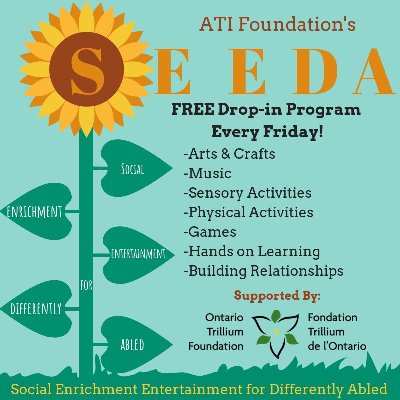 AtiFoundation's tweet photo. Have you signed up to join our 𝕊𝔼𝔼𝔻𝔸 Program? A huge thank you to @ONTrillium for supporting this initiative! We have launched Social Enrichment Entertainment for Differently Abled (SEEDA), give us a call for more information! 🌻🌻🌻🌻🌻🌻🌻🌻🌻🌻🌻🌻
#UpliftingDisabilities https://t.co/tGhMxLnQqQ