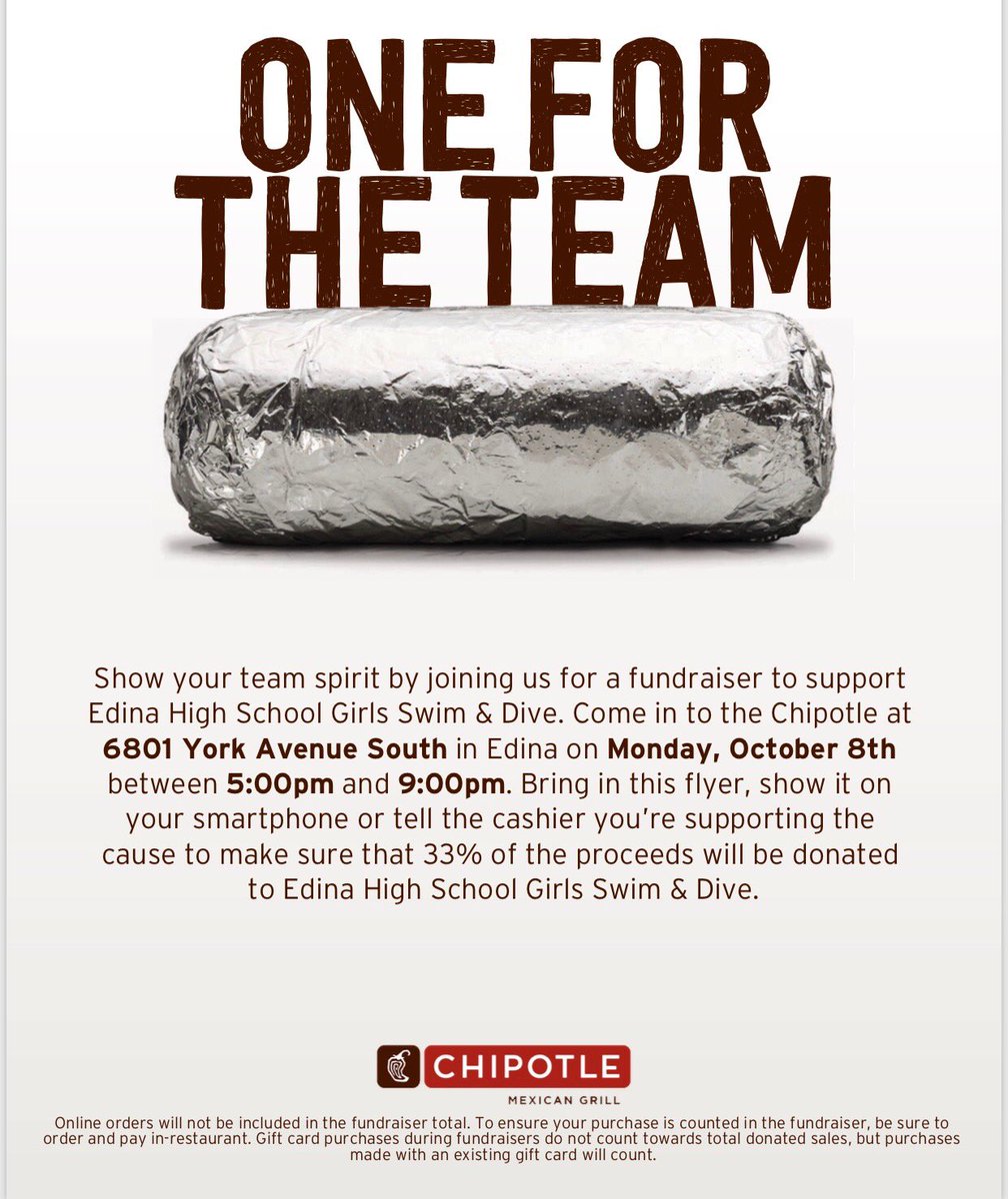 EdinaSwimDive's tweet photo. Stop by Chipotle on York Monday after practice to support Edina Swim & Dive. #NoCookMonday โฆ@edinahornetsโฉ โฆ@EdinaFanSectionโฉ https://t.co/wioNhOG1GG