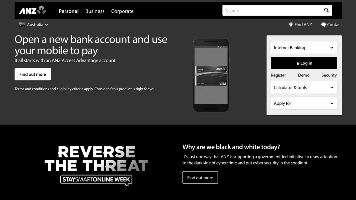 ANZ_AU's tweet photo. Have you noticed our website looks different today? Along with many other Australian businesses, we’ve turned our site black and white to put cyber security in the spotlight. It’s part of a government led initiative called ‘Reverse The Threat’. See more at https://t.co/RzFmze67Se https://t.co/xJlX26VXGI