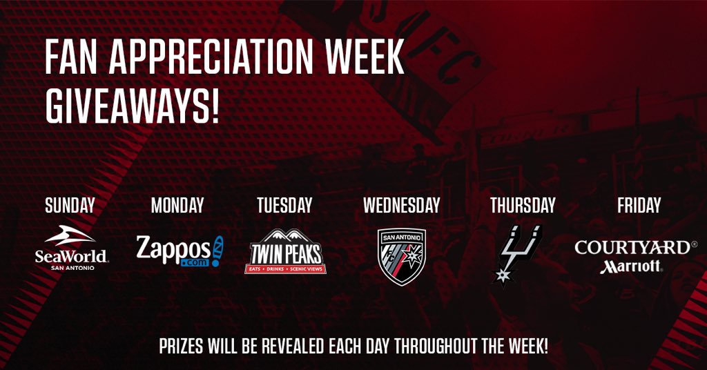 SanAntonioFC's tweet photo. Saturday is Fan Appreciation Night at @toyotafield! Be on the lookout throughout week for a chance to win prizes, starting later tonight! 👀 #OurClub #SAFCfanweek https://t.co/q84pzypwxz