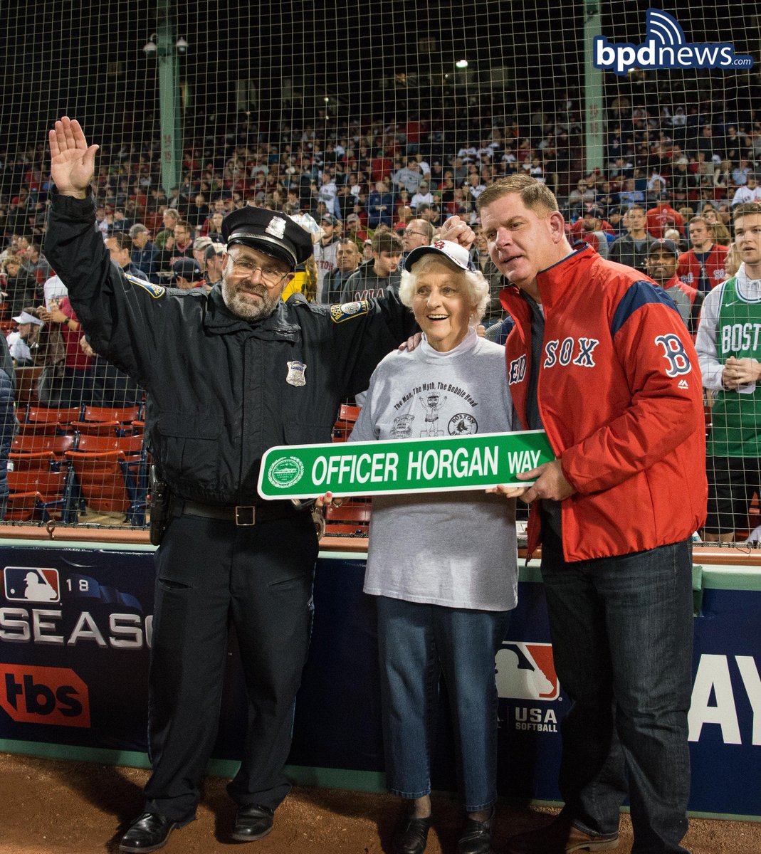 bostonpolice's tweet photo. During his final season with the @RedSox before his retirement, #BullpenCop Steve Horgan threw the ceremonial First Pitch at the #ALDS Game 2 vs the @Yankees. The #BPD and #RedSoxNation wish Officer Horgan the best in his retirement! https://t.co/dPVyJ5wqRd https://t.co/pNvAZ6uOGD
