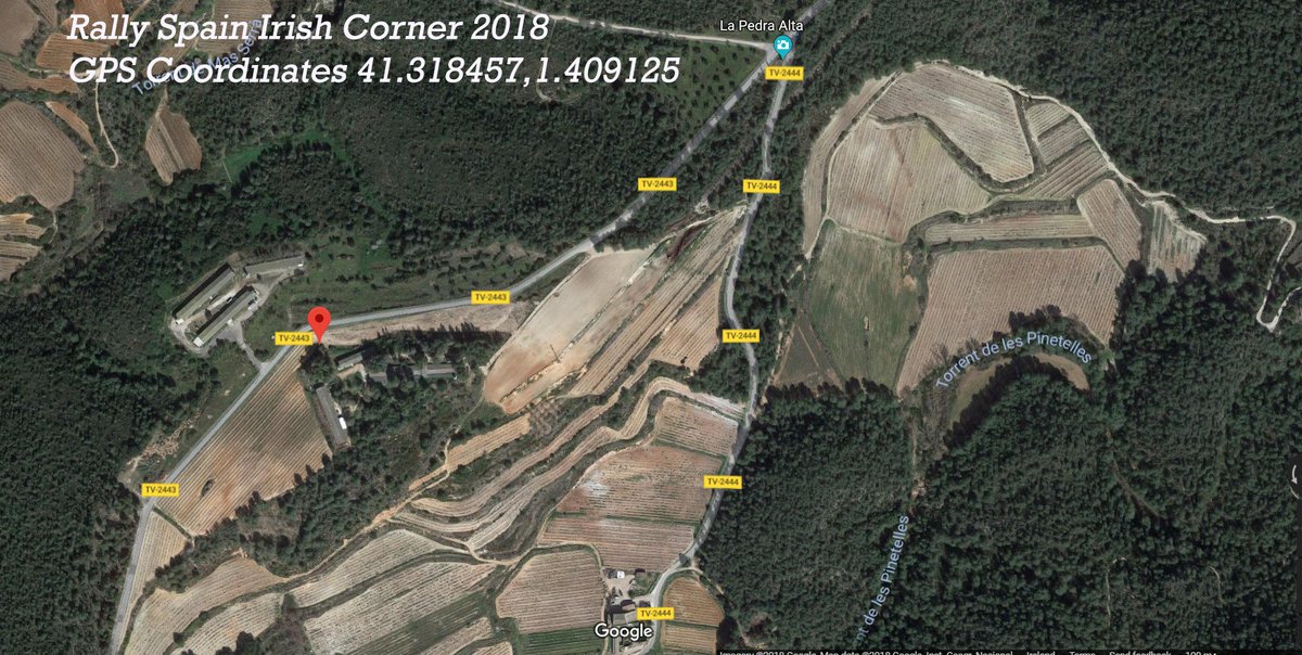 irishcorner_18's tweet photo. Overview map of El Montmell Rally Stage , Location of Irish corner 2018 marked with red indicator , make sure the bring the Irish flags and BBQ @voiceofrally @Becsywecsy @OfficialWRC @CitroenRacing @Craig_Breen @RallyRACC #IrishCorner18 #Flattothesquareright #WRCLive #RallySpain https://t.co/Y8zkYcYX7T