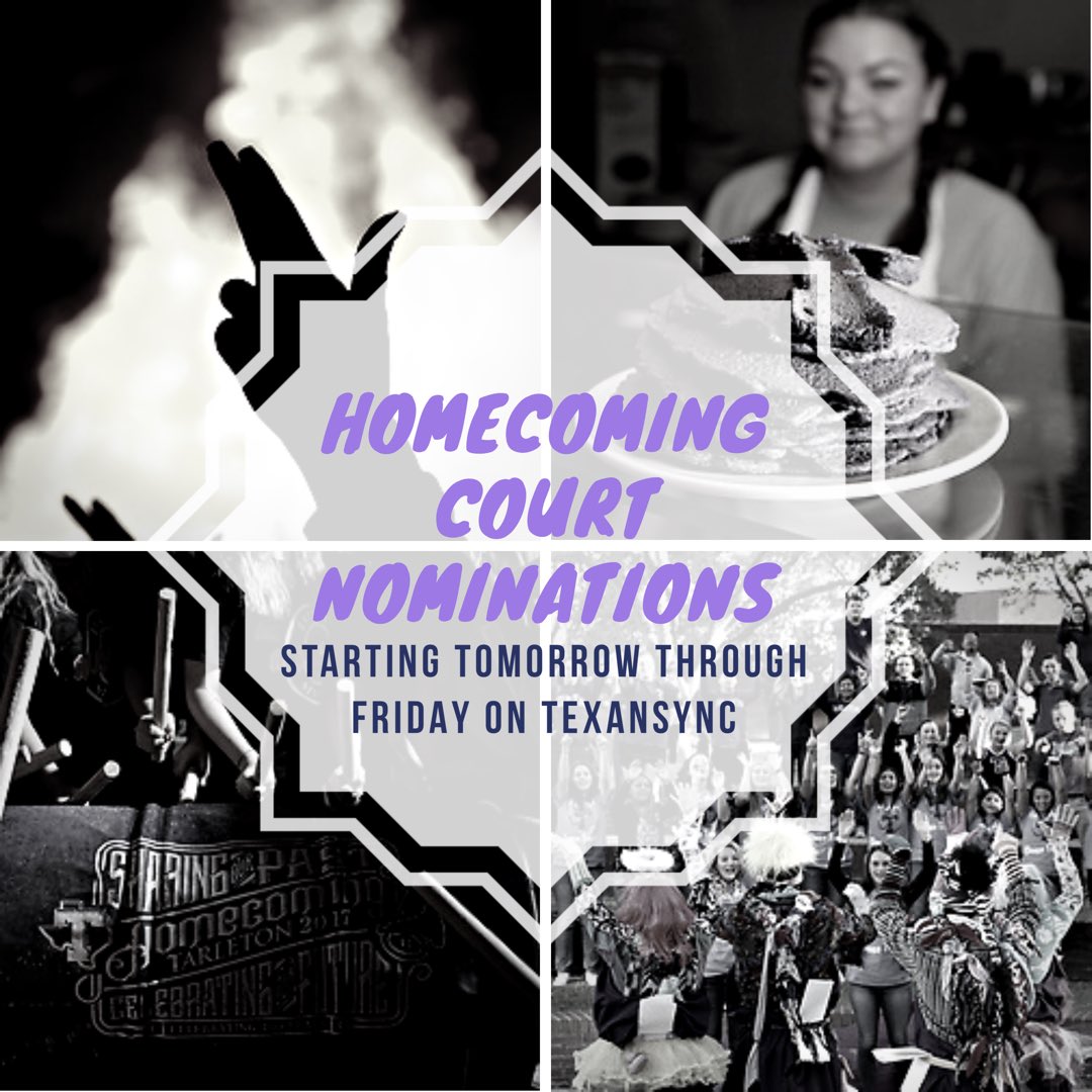 TarletonSGA's tweet image. Homecoming Court Nominations open tomorrow on TexanSync!! Be sure to submit your nominations before Friday! @tarletonstudent