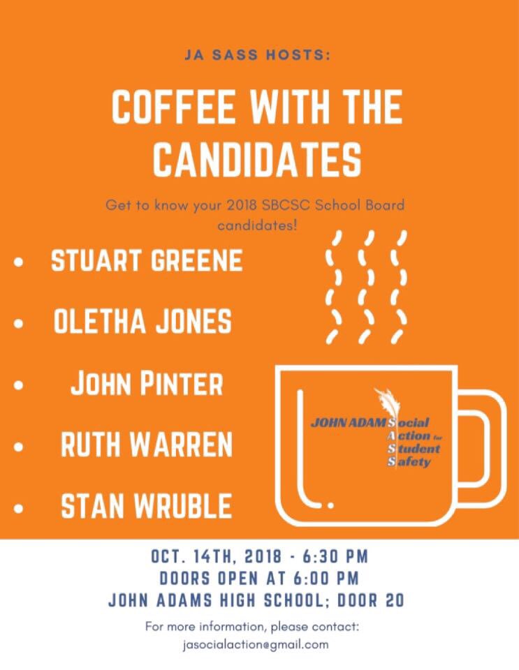 JA_SASS's tweet photo. Don’t miss SASS’s Coffee With the Candidates: A public-run discussion with the candidates running for school board. Make sure to tell your family and friends to come out to make sure they vote informed this November. https://t.co/zu8RoK0ytq