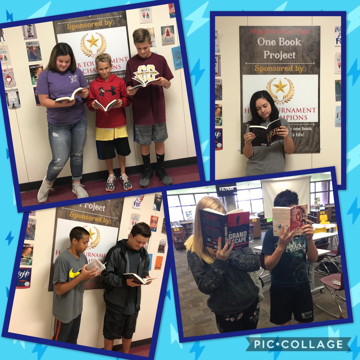 ELA7_MJH's tweet photo. Our @MagnoliaJrHigh students are so excited about winning books by @AlanGratz, @JanGangsei, @nealbascomb, and @ryangraudin that they can’t stop to 😁 for the camera! So thankful for the support of @HEB Tournament of Champions! #accessequalssuccess #readingforlife https://t.co/0g7oCFHwN2