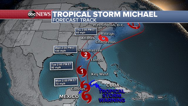 Wednesday still looks like the day for main impacts - tropical storm #Michael will intensify as it approaches the gulf coast. Coastal Alabama through northwest Florida and South Georgia should pay close attention to the forecast in the next 24 hours. <a href="/danpeckwx/">Dan Peck</a>