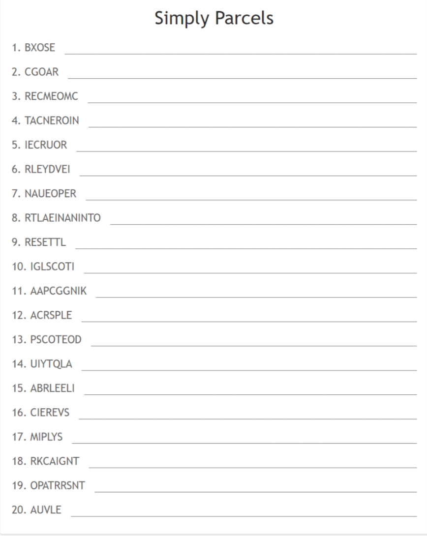 SimplyParcels's tweet photo. A bit of Monday fun, words related to Simply Parcels all scrambled up. Comment with the words you solve #SimplyParcels #InternationalShipping #Delivery #SameDayCourier 
#Courier #NextDay #SameDayUK #SameDayEU https://t.co/aK6sPqsqTo