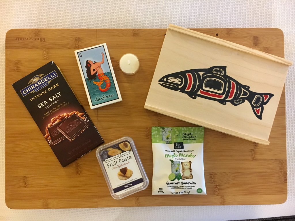 Some of my favorite things... @LoveGhirardelli Sea Salt Soirée <a href="/seabear1957/">SeaBear Wild Salmon</a> smoked salmon, <a href="/project7/">Project 7</a> Mojito Mambo gummy bears, Rutherford &amp; Meyer plum paste, &amp; La Serena matches for my altar. #PNW #California #NewZealand