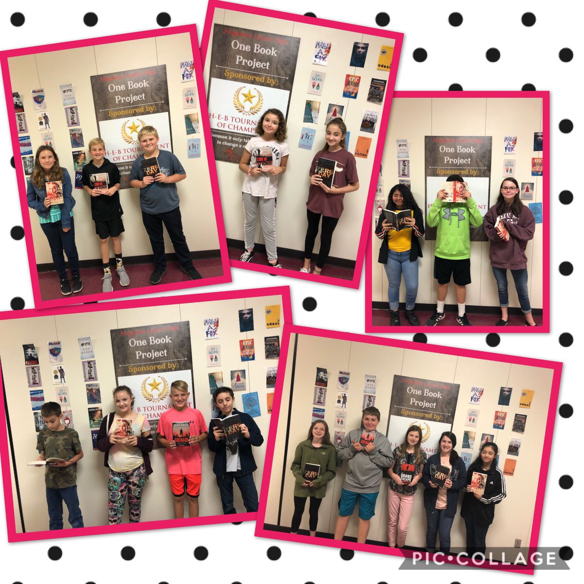 ELA7_MJH's tweet photo. These pics include a few of @MrsDunn_MJH’s favorite things: books, @MagnoliaJrHigh, and @HEB! Thanks to the authors who write engaging books for our students! @nealbascomb @ryangraudin @JanGangsei @AlanGratz #accessequalssuccess #readingforlife https://t.co/FGzDnwE60V