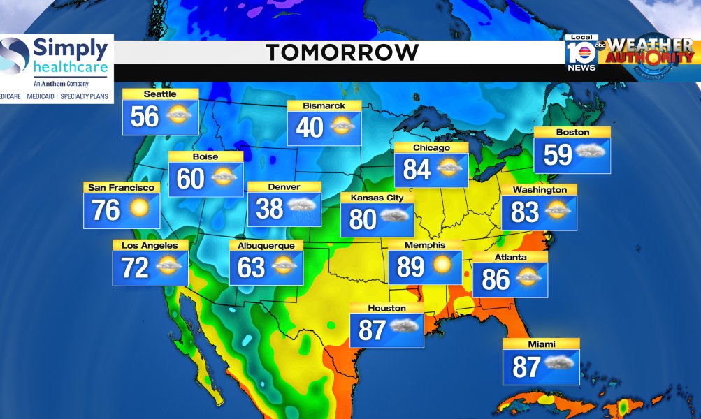 Here is the national forecast for tomorrow Presented by Simply Healthcare https://t.co/yAxgzdrrNk