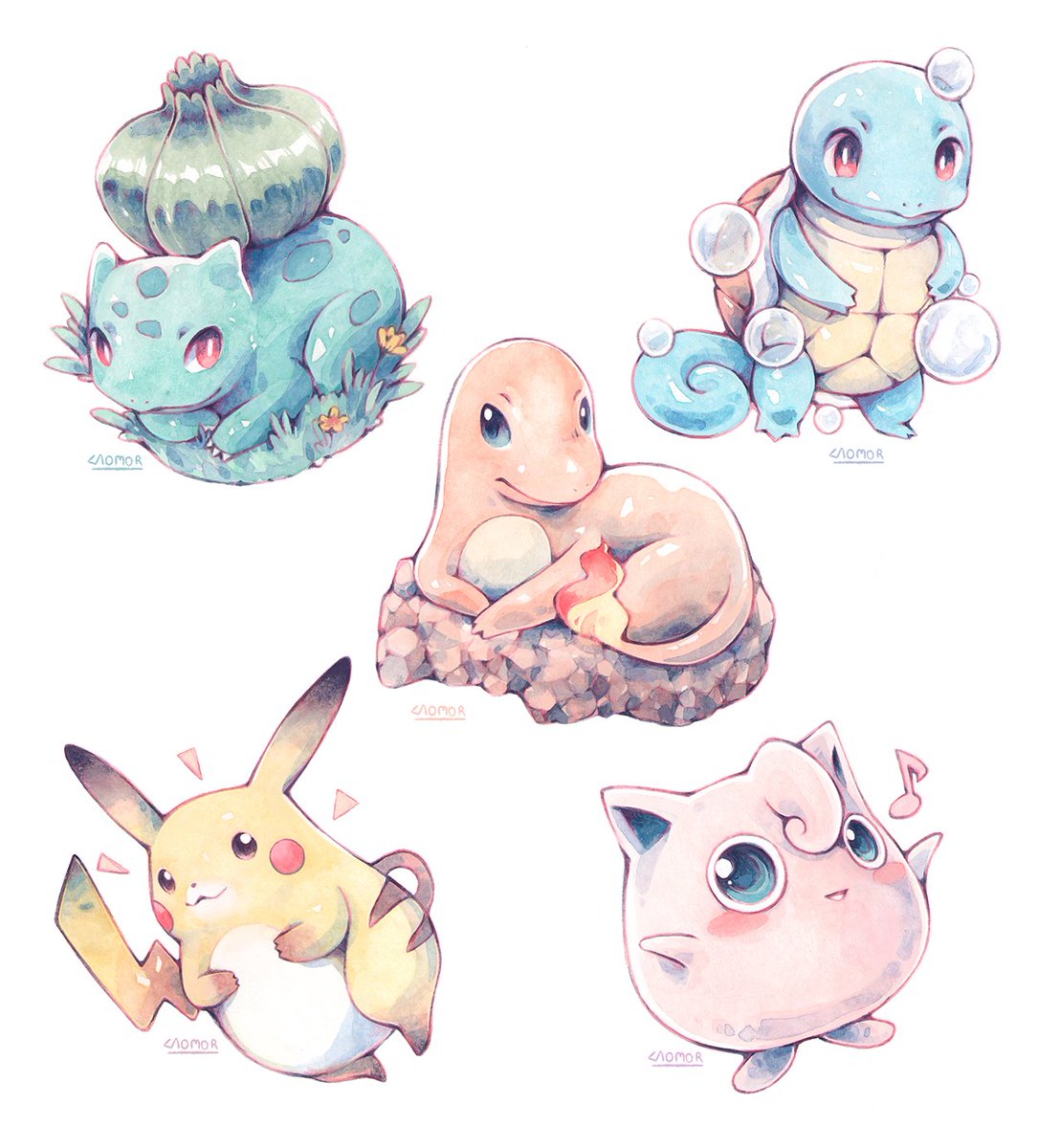 bulbasaur ,charmander ,pikachu ,squirtle pokemon (creature) no humans closed mouth white background shell smile flame-tipped tail  illustration images