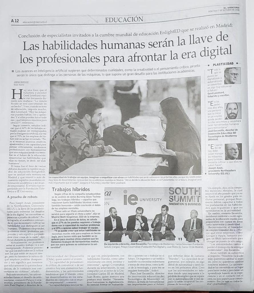 fpaisdigital's tweet photo. Conclusión de especialistas invitados a #enlightED Madrid, entre ellos nuestro Pdte @pcovarrubias : Las habilidades humanas serán la llave de los profesionales para afrontar la era digital. #ElMercurio https://t.co/XQip9hCSEI