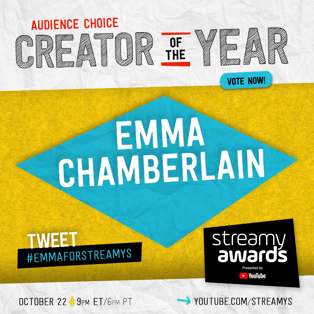 streamys's tweet photo. RT or tweet #EmmaForStreamys to let @emmachamberlain know she's got your vote for Audience Choice: Creator of the Year at the streamys! https://t.co/IbX4KWQBnh