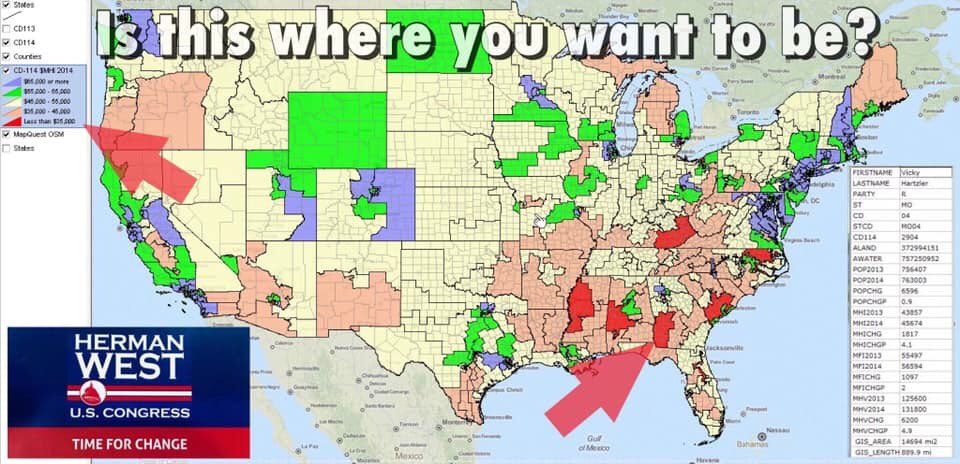 RealHermanWest1's tweet photo. The districts in RED are the poorest districts in the country. The 2nd District of Georgia is one of the 6 poorest! That is unacceptable!We can do better than this! https://t.co/2Ng6SoOmq2